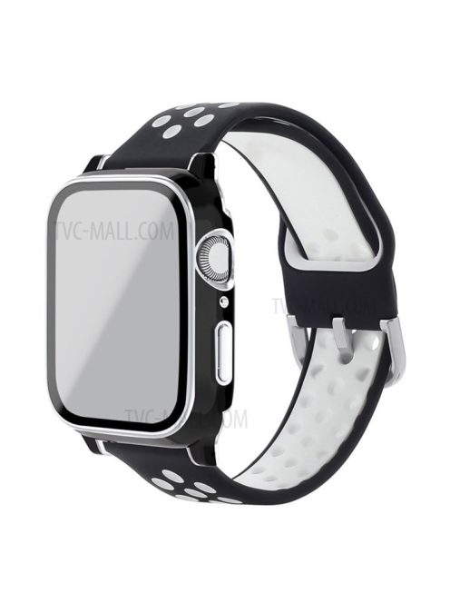 Electroplating Cover + Tempered Glass Film + Silicone Watchband for Apple Watch SE 40mm/Series 6 40mm/5 40mm/4 40mm - Black/White/Black+White