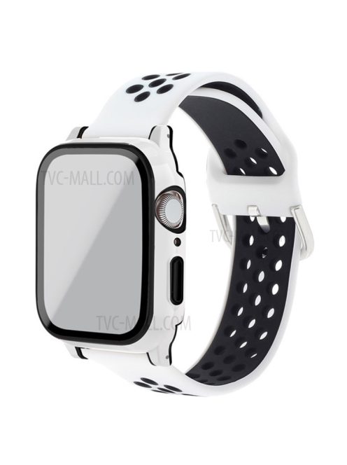 Electroplating Cover + Tempered Glass Film + Silicone Watchband for Apple Watch SE 40mm/Series 6 40mm/5 40mm/4 40mm - White/Black/White+Black