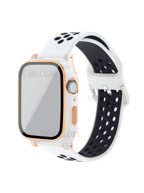 Electroplating Cover + Tempered Glass Film + Silicone Watchband for Apple Watch SE 40mm/Series 6 40mm/5 40mm/4 40mm - White/Black/White+Rose Gold