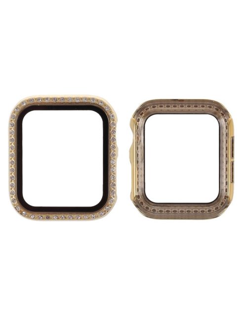 Electroplating Rhinestones Decor PC Frame Tempered Glass Protector Cover for Apple Watch Series 4 / 5 / 6 / SE / SE (2022) 44m - Gold