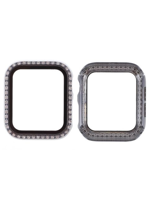 Electroplating Rhinestones Decor PC Frame Tempered Glass Protector Cover for Apple Watch Series 4 / 5 / 6 / SE / SE (2022) 44m - Grey