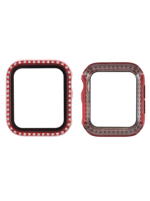 Electroplating Rhinestones Decor PC Frame Tempered Glass Protector Cover for Apple Watch Series 4 / 5 / 6 / SE / SE (2022) 44m - Red