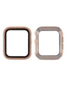 Electroplating Rhinestones Decor PC Frame Tempered Glass Protector Cover for Apple Watch Series 4 / 5 / 6 / SE / SE (2022) 44m - Rose Gold