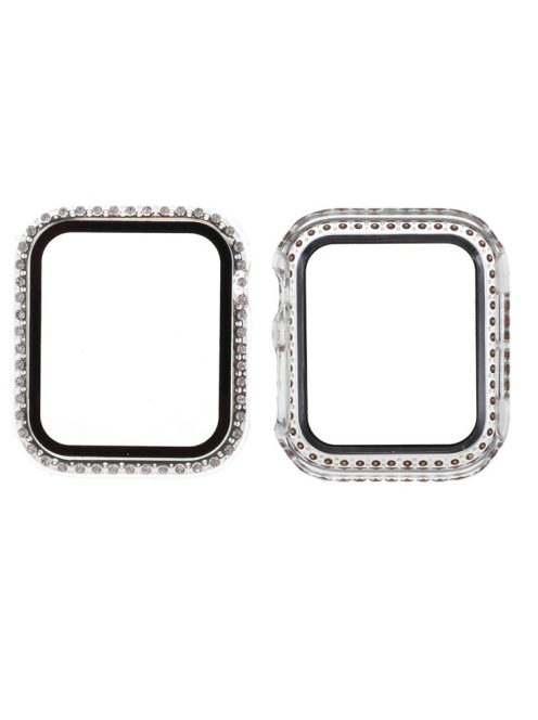 Electroplating Rhinestones Decor PC Frame Tempered Glass Protector Cover for Apple Watch Series 4 / 5 / 6 / SE / SE (2022) 44m - Transparent