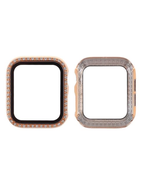 Electroplating Rhinestones Decor PC Frame Tempered Glass Protector Cover for Apple Watch Series 4/5/6/SE 40mm - Rose Gold