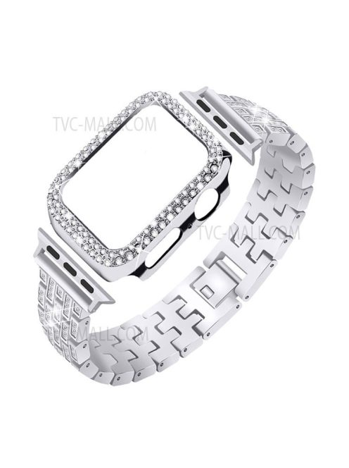 Five Beads Metal Smart Watch Band Wrist Strap + Rhinestone Decor Watch Case for Apple Watch SE 44mm / SE (2022) 44mm / SE (2022) 44mm Series 6 / 5 / 4 44mm - Silver