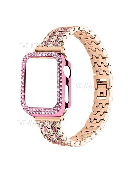 Five Beads Metal Watch Strap + Protective Case Rhinestone Decor Anti-Scratch Replacement for Apple Watch Series 7 45mm - Rose Gold/Rose/Rose Pink