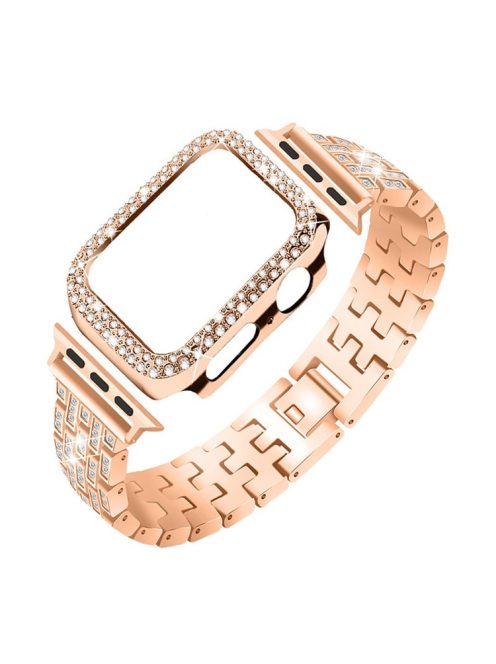 Five Beads Rhinestone Metal Watch Band + Anti-fall Protective Cover Case for Apple Watch SE 40mm Series 6/5/4 40mm - Rose Gold