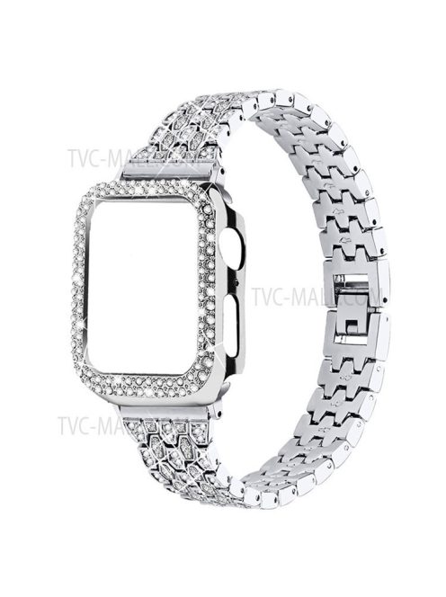 Five Beads Rhinestone Metal Watchband Strap + Anti-scratch Protective Watch Cover Case for Apple Watch Series 3/2/1 42mm - Silver/Transparent/Silver