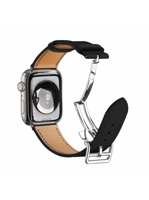 Folding Buckle Genuine Leather Smart Watch Strap [Silver Buckle]  for Apple Watch Ultra 49mm / Ultra 2 49mm / Series 9 45mm / SE (2023) 44mm / Series 8 / 7 45mm / Series 6 / SE / SE (2022) / 5 / 4 44mm / Series 1 / 2 / 3 42mm - Black