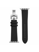 Folding Buckle Genuine Leather Smart Watch Strap [Silver Buckle]  for Apple Watch Ultra 49mm / Ultra 2 49mm / Series 9 45mm / SE (2023) 44mm / Series 8 / 7 45mm / Series 6 / SE / SE (2022) / 5 / 4 44mm / Series 1 / 2 / 3 42mm - Black