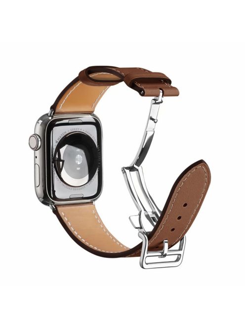 Folding Buckle Genuine Leather Smart Watch Strap [Silver Buckle] for Apple Watch Ultra 49mm / Ultra 2 49mm / Series 9 45mm / SE (2023) 44mm / Series 8 / 7 45mm / Series 6 / SE / SE (2022) / 5 / 4 44mm / Series 1 / 2 / 3 42mm - Brown