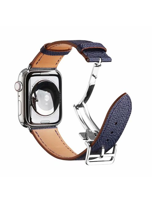 Folding Buckle Genuine Leather Smart Watch Strap [Silver Buckle] for Apple Watch Ultra 49mm / Ultra 2 49mm / Series 9 45mm / SE (2023) 44mm / Series 8 / 7 45mm / Series 6 / SE / SE (2022) / 5 / 4 44mm / Series 1 / 2 / 3 42mm - Dark Blue