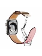 Folding Buckle Genuine Leather Smart Watch Strap [Silver Buckle] for Apple Watch Ultra 49mm / Ultra 2 49mm / Series 9 45mm / SE (2023) 44mm / Series 8 / 7 45mm / Series 6 / SE / SE (2022) / 5 / 4 44mm / Series 1 / 2 / 3 42mm - Pink / White