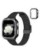 For Apple Watch 1 / 2 / 3 42mm Metal Milanese Watch Strap Quick Release Watch Band Replacement Watchband + PC Watch Case with Dual Row Rhinestone Decoration - Black