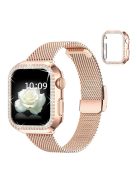 For Apple Watch 1 / 2 / 3 42mm Metal Milanese Watch Strap Quick Release Watch Band Replacement Watchband + PC Watch Case with Dual Row Rhinestone Decoration - Rose Gold