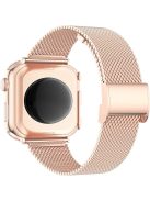 For Apple Watch 1 / 2 / 3 42mm Metal Milanese Watch Strap Quick Release Watch Band Replacement Watchband + PC Watch Case with Dual Row Rhinestone Decoration - Rose Gold