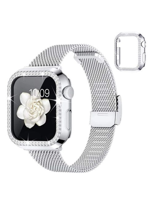 For Apple Watch 1 / 2 / 3 42mm Metal Milanese Watch Strap Quick Release Watch Band Replacement Watchband + PC Watch Case with Dual Row Rhinestone Decoration - Silver