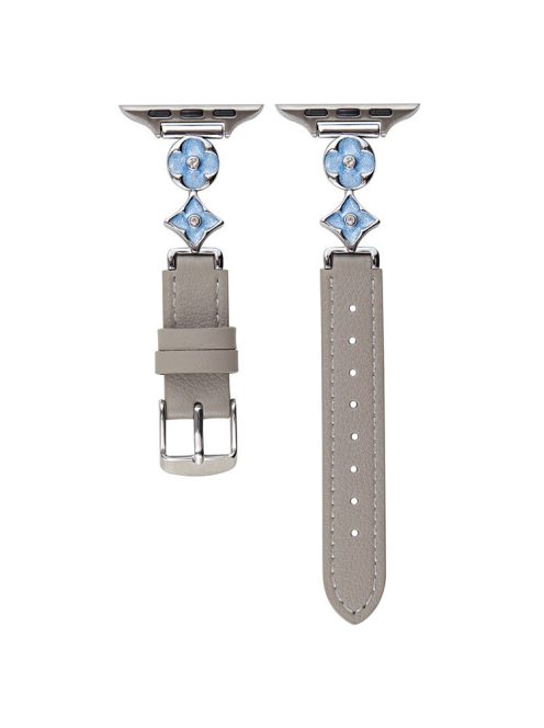 For Apple Watch 10 42mm / 9 8 7 41mm / SE (2023) SE (2022) SE 6 5 4 40mm / 3 2 1 38mm Leather Watch Band with Floral Connector - Grey / Blue Silver