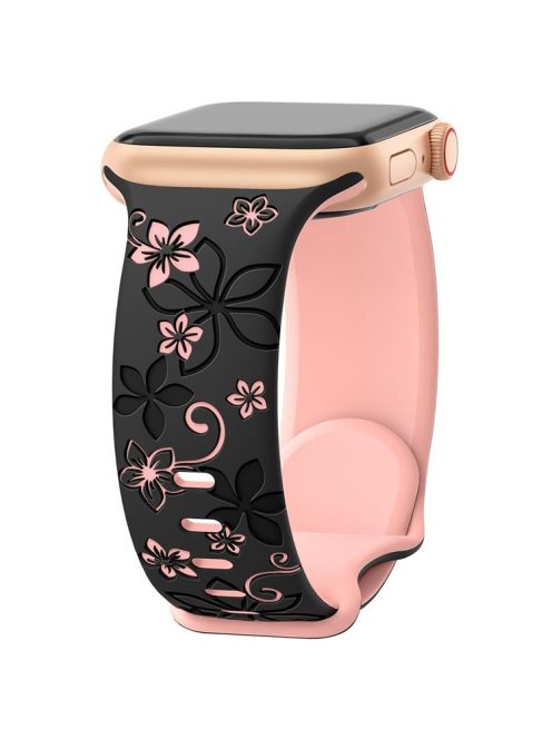 For Apple Watch 10 42mm / 9 8 7 41mm / SE (2023) SE (2022) SE 6 5 4 40mm / 3 2 1 38mm Silicone Flower Pattern Band - Black  /  Pink