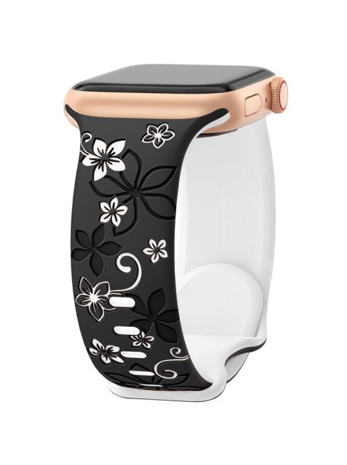 For Apple Watch 10 42mm / 9 8 7 41mm / SE (2023) SE (2022) SE 6 5 4 40mm / 3 2 1 38mm Silicone Flower Pattern Band - Black  /  White