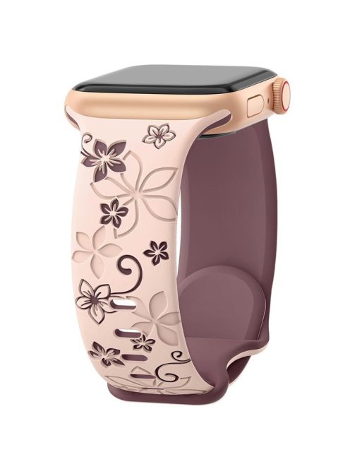 For Apple Watch 10 42mm / 9 8 7 41mm / SE (2023) SE (2022) SE 6 5 4 40mm / 3 2 1 38mm Silicone Flower Pattern Band - Pink  /  Smoke Purple