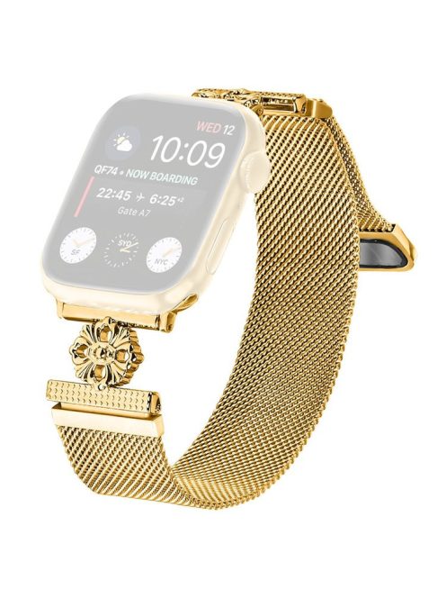 For Apple Watch 10 46mm / Ultra 2 / Ultra 49mm / 9 8 7 45mm / SE (2023) SE (2022) SE 6 5 4 44mm / 3 2 1 42mm Band Flower Magnetic Mesh Watch Strap - Gold