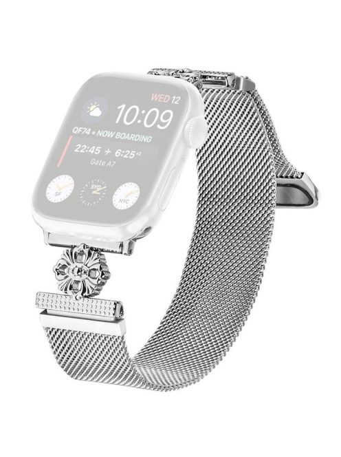 For Apple Watch 10 46mm / Ultra 2 / Ultra 49mm / 9 8 7 45mm / SE (2023) SE (2022) SE 6 5 4 44mm / 3 2 1 42mm Band Flower Magnetic Mesh Watch Strap - Silver