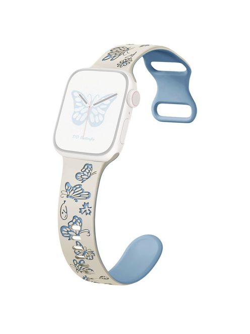 For Apple Watch 10 46mm / Ultra 2 / Ultra 49mm / 9 8 7 45mm / SE (2023) SE (2022) SE 6 5 4 44mm / 3 2 1 42mm Butterfly Silicone Band - Antique White+Blue