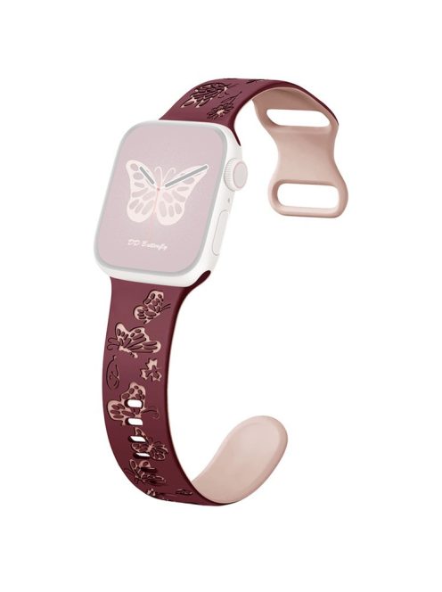 For Apple Watch 10 46mm / Ultra 2 / Ultra 49mm / 9 8 7 45mm / SE (2023) SE (2022) SE 6 5 4 44mm / 3 2 1 42mm Butterfly Silicone Band - Wine Red+Pink