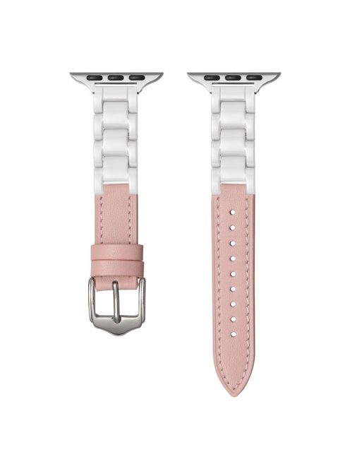 For Apple Watch 10 46mm / Ultra 2 / Ultra 49mm / 9 8 7 45mm / SE (2023) SE (2022) SE 6 5 4 44mm / 3 2 1 42mm Ceramic+Leather Strap - Light Pink+White