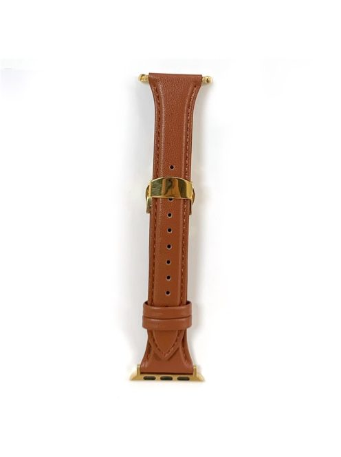 For Apple Watch 10 46mm / Ultra 2 / Ultra 49mm / 9 8 7 45mm / SE (2023) SE (2022) SE 6 5 4 44mm / 3 2 1 42mm Cow Leather Watchband Replacement Strap - Brown / Gold