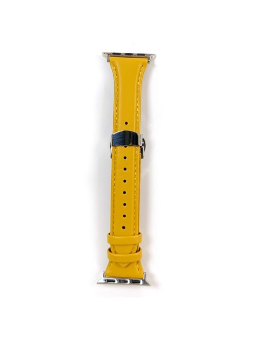 For Apple Watch 10 46mm / Ultra 2 / Ultra 49mm / 9 8 7 45mm / SE (2023) SE (2022) SE 6 5 4 44mm / 3 2 1 42mm Cow Leather Watchband Replacement Strap - Yellow / Silver