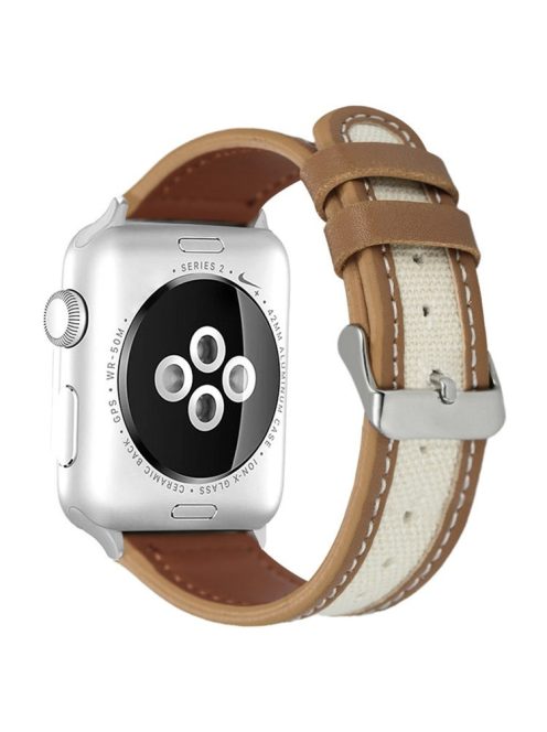 For Apple Watch 10 46mm / Ultra 2 / Ultra 49mm / 9 8 7 45mm / SE (2023) SE (2022) SE 6 5 4 44mm / 3 2 1 42mm Cow Leather+Fabric Watchband - Light Brown / White