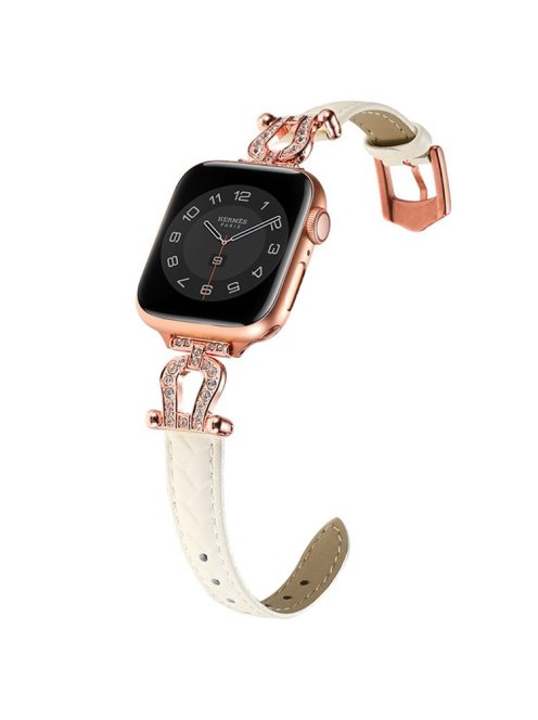 For Apple Watch 10 46mm / Ultra 2 / Ultra 49mm / 9 8 7 45mm / SE (2023) SE (2022) SE 6 5 4 44mm / 3 2 1 42mm Cowhide Leather Band - Beige / Rose Gold Buckle