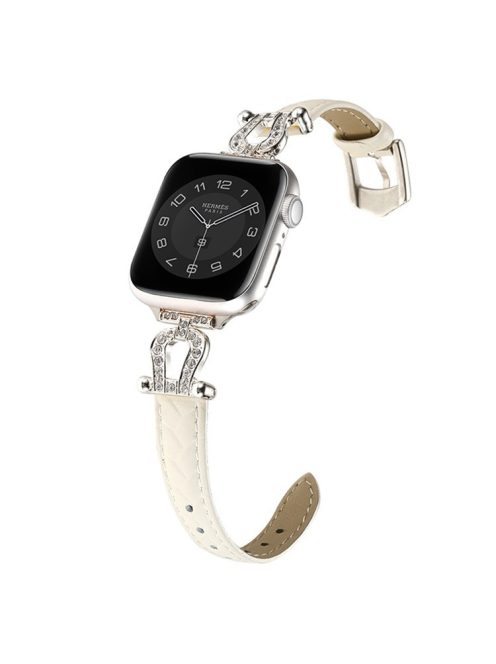 For Apple Watch 10 46mm / Ultra 2 / Ultra 49mm / 9 8 7 45mm / SE (2023) SE (2022) SE 6 5 4 44mm / 3 2 1 42mm Cowhide Leather Band - Beige / Silver Buckle