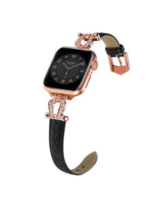 For Apple Watch 10 46mm / Ultra 2 / Ultra 49mm / 9 8 7 45mm / SE (2023) SE (2022) SE 6 5 4 44mm / 3 2 1 42mm Cowhide Leather Band - Black / Rose Gold Buckle