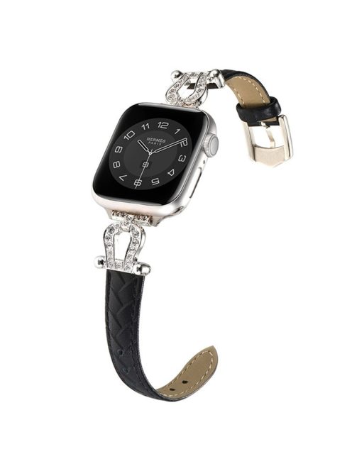 For Apple Watch 10 46mm / Ultra 2 / Ultra 49mm / 9 8 7 45mm / SE (2023) SE (2022) SE 6 5 4 44mm / 3 2 1 42mm Cowhide Leather Band - Black / Silver Buckle