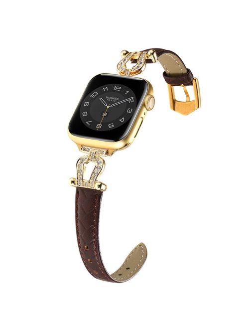 For Apple Watch 10 46mm / Ultra 2 / Ultra 49mm / 9 8 7 45mm / SE (2023) SE (2022) SE 6 5 4 44mm / 3 2 1 42mm Cowhide Leather Band - Dark Coffee / Gold Buckle