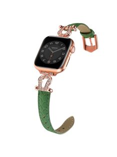   For Apple Watch 10 46mm / Ultra 2 / Ultra 49mm / 9 8 7 45mm / SE (2023) SE (2022) SE 6 5 4 44mm / 3 2 1 42mm Cowhide Leather Band - Green / Rose Gold Buckle