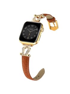   For Apple Watch 10 46mm / Ultra 2 / Ultra 49mm / 9 8 7 45mm / SE (2023) SE (2022) SE 6 5 4 44mm / 3 2 1 42mm Cowhide Leather Band - Light Brown / Gold Buckle