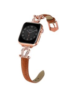   For Apple Watch 10 46mm / Ultra 2 / Ultra 49mm / 9 8 7 45mm / SE (2023) SE (2022) SE 6 5 4 44mm / 3 2 1 42mm Cowhide Leather Band - Light Brown / Rose Gold Buckle