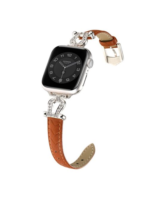 For Apple Watch 10 46mm / Ultra 2 / Ultra 49mm / 9 8 7 45mm / SE (2023) SE (2022) SE 6 5 4 44mm / 3 2 1 42mm Cowhide Leather Band - Light Brown / Silver Buckle