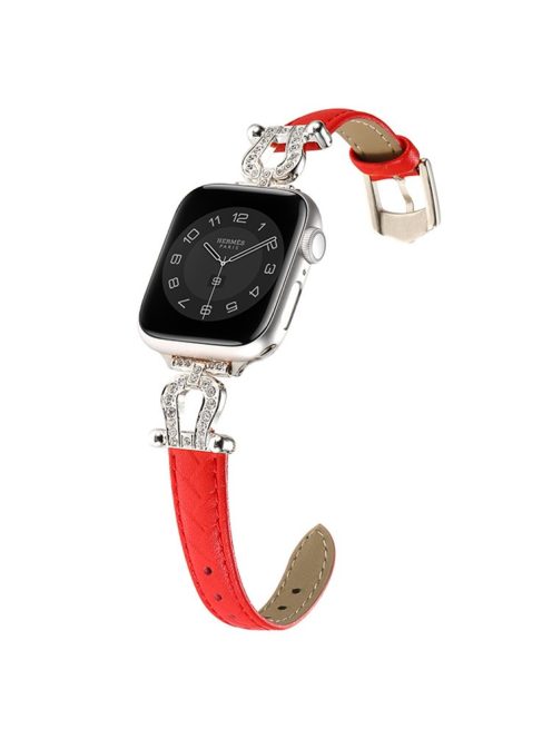 For Apple Watch 10 46mm / Ultra 2 / Ultra 49mm / 9 8 7 45mm / SE (2023) SE (2022) SE 6 5 4 44mm / 3 2 1 42mm Cowhide Leather Band - Red / Silver Buckle