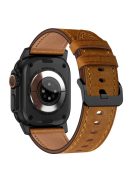 For Apple Watch 10 46mm / Ultra 2 / Ultra 49mm / 9 8 7 45mm / SE (2023) SE (2022) SE 6 5 4 44mm / 3 2 1 42mm Genuine Cow Leather Band - Black Connector+Red Brown