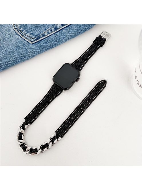 For Apple Watch 10 46mm / Ultra 2 / Ultra 49mm / 9 8 7 45mm / SE (2023) SE (2022) SE 6 5 4 44mm / 3 2 1 42mm Genuine Cow Leather Chain Watch Strap - Black