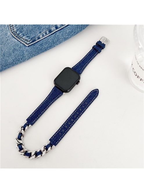 For Apple Watch 10 46mm / Ultra 2 / Ultra 49mm / 9 8 7 45mm / SE (2023) SE (2022) SE 6 5 4 44mm / 3 2 1 42mm Genuine Cow Leather Chain Watch Strap - Midnight Blue