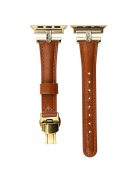 For Apple Watch 10 46mm / Ultra 2 / Ultra 49mm / 9 8 7 45mm / SE (2023) SE (2022) SE 6 5 4 44mm / 3 2 1 42mm Genuine Cow Leather Strap - Brown+Gold Buckle