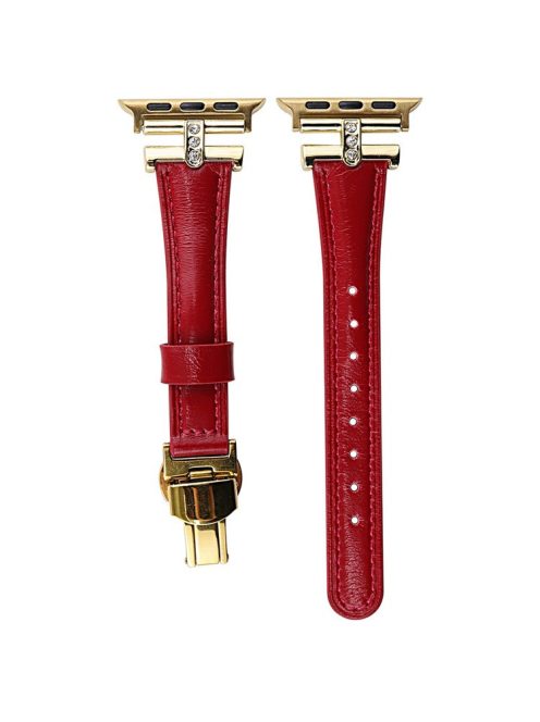 For Apple Watch 10 46mm / Ultra 2 / Ultra 49mm / 9 8 7 45mm / SE (2023) SE (2022) SE 6 5 4 44mm / 3 2 1 42mm Genuine Cow Leather Strap - Red+Gold Buckle