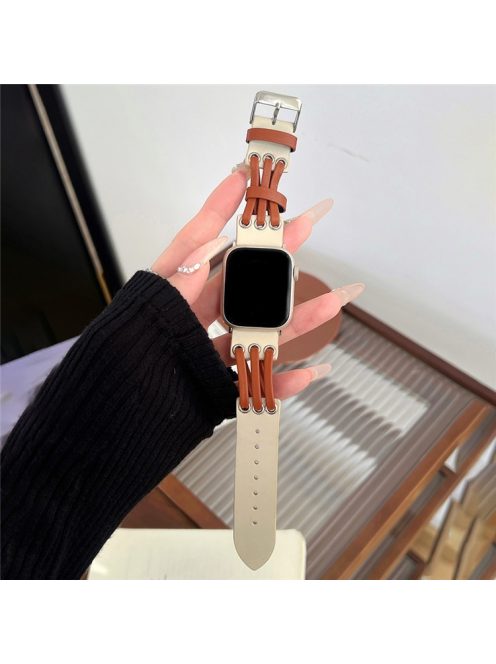 For Apple Watch 10 46mm / Ultra 2 / Ultra 49mm / 9 8 7 45mm / SE (2023) SE (2022) SE 6 5 4 44mm / 3 2 1 42mm Genuine Cow Leather Strap Bracelet - White / Brown